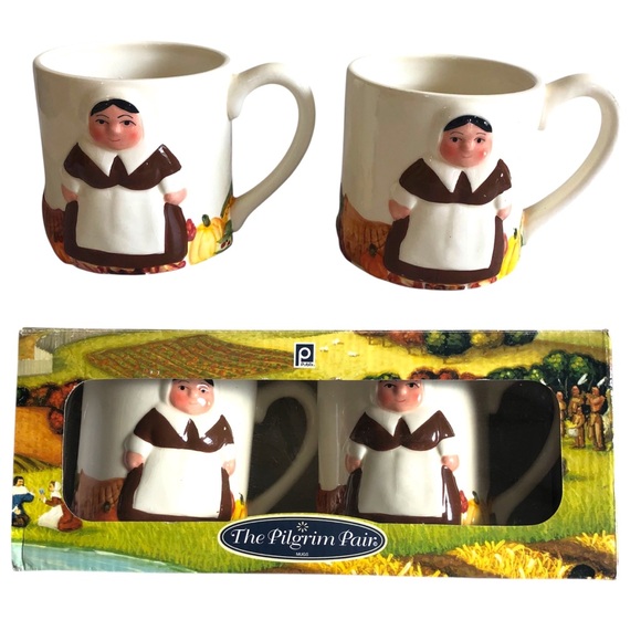 Publix - The Pilgrim Pair Of Thanksgiving Coffee Mugs 2 Ladies In Original Box - Picture 1 of 14